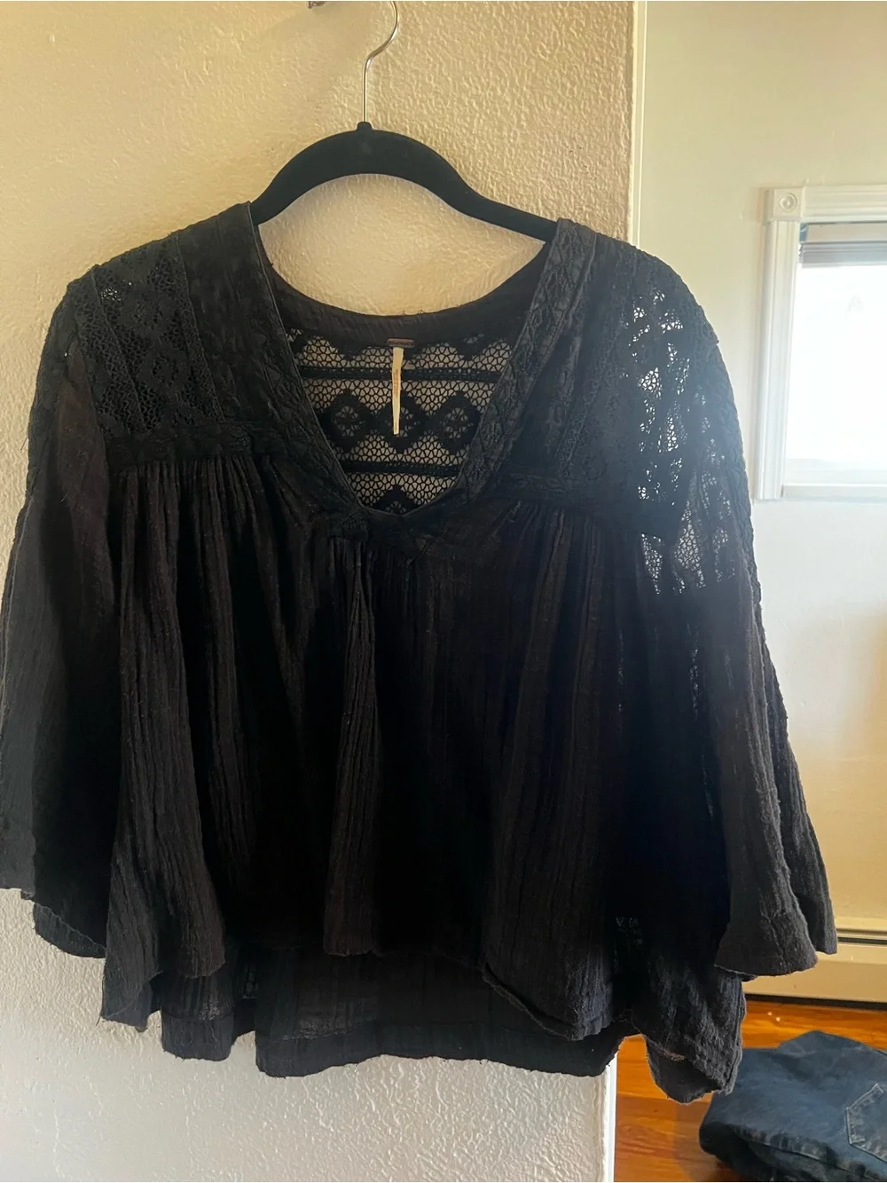 Free People Black Crochet-Yoke Lightweight Blouse